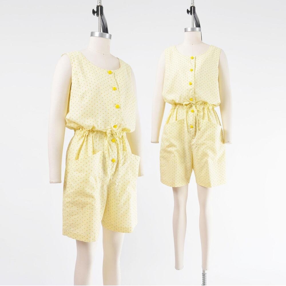 Vintage 80s Yellow Floral Romper Cute Cottagecore Playsuit Bermuda Shorts Jumper